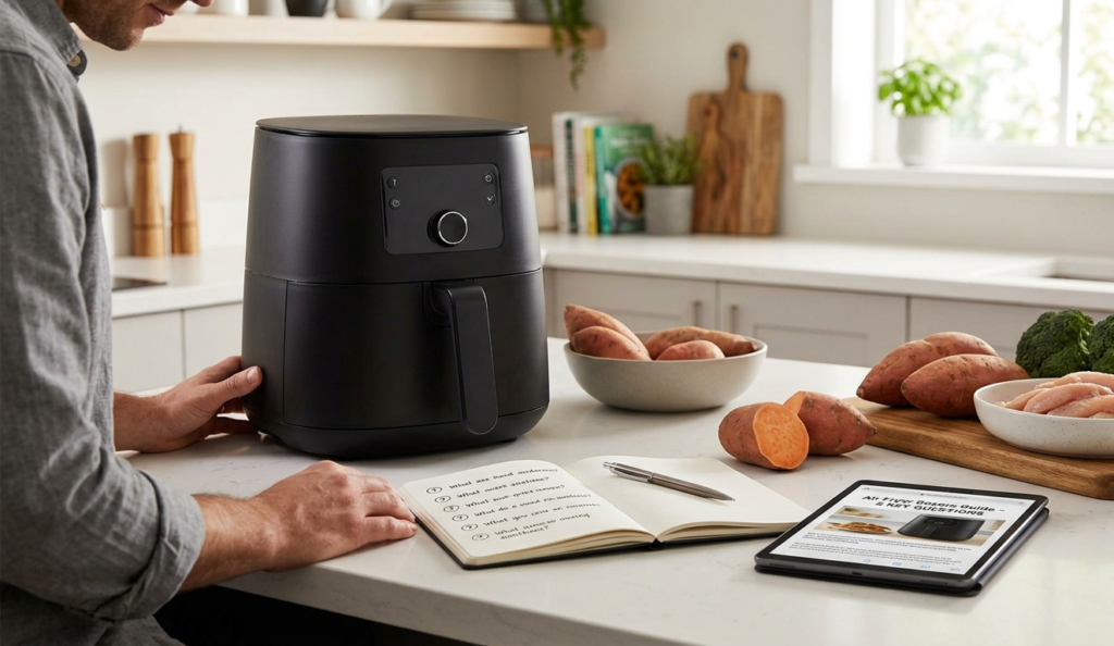 erson placing an air fryer on a kitchen counter next to a notebook with buying questions and fresh vegetables
