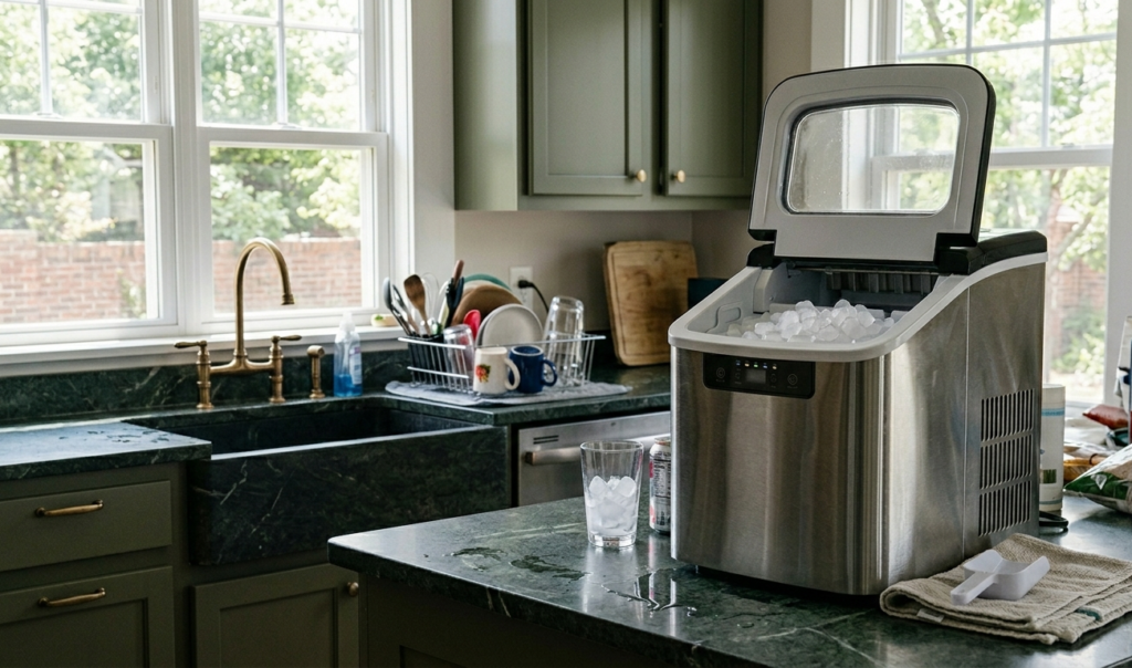 Countertop ice maker on green marble kitchen counter with ice-filled glass