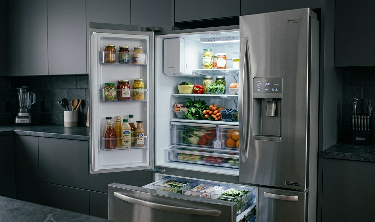 french door refrigerator buying guide open interior fully stocked modern dark kitchen