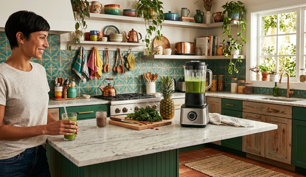 Woman holding a green smoothie next to a blender wattage countertop blender in a colorful home kitchen