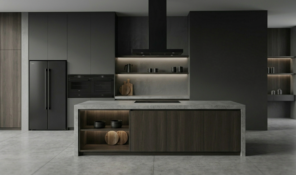 Dark modern kitchen with black range hood, refrigerator and built-in oven — home appliance buying guide