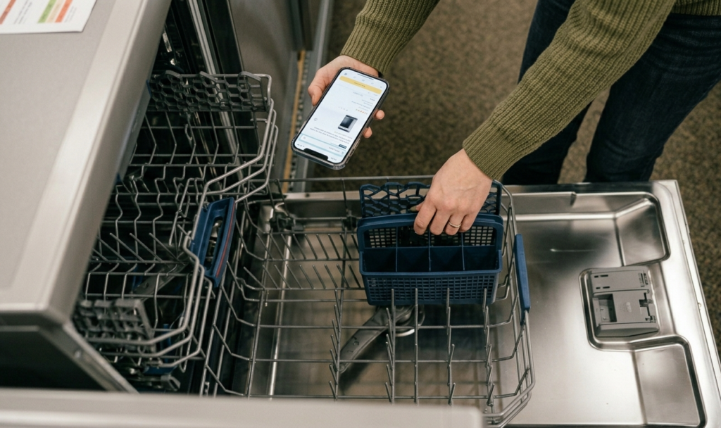 Person checking dishwasher reviews on Amazon while inspecting the rack of an open built-in dishwasher