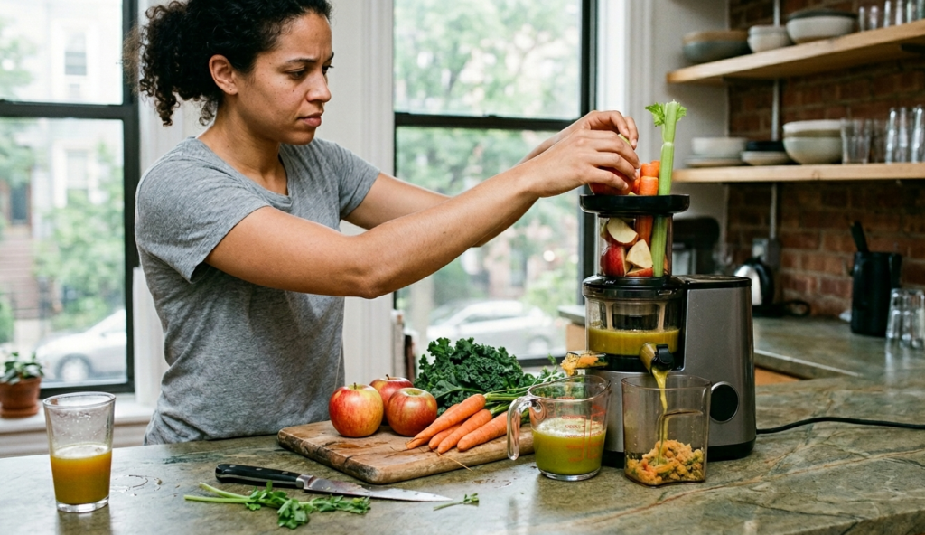 is a juicer worth it - woman using cold press juicer with fresh vegetables on kitchen counter