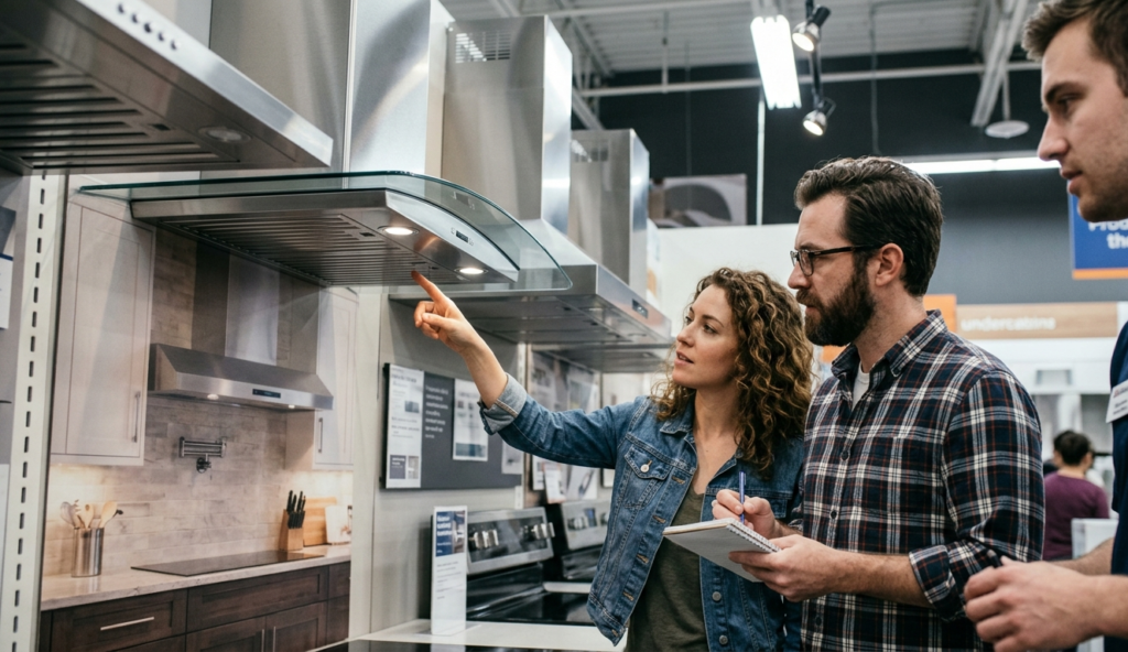 Couple choosing a range hood in an appliance store showroom