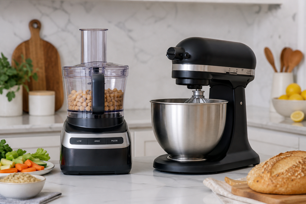 Black food processor with chickpeas next to a black stand mixer with stainless steel bowl on a white marble kitchen counter