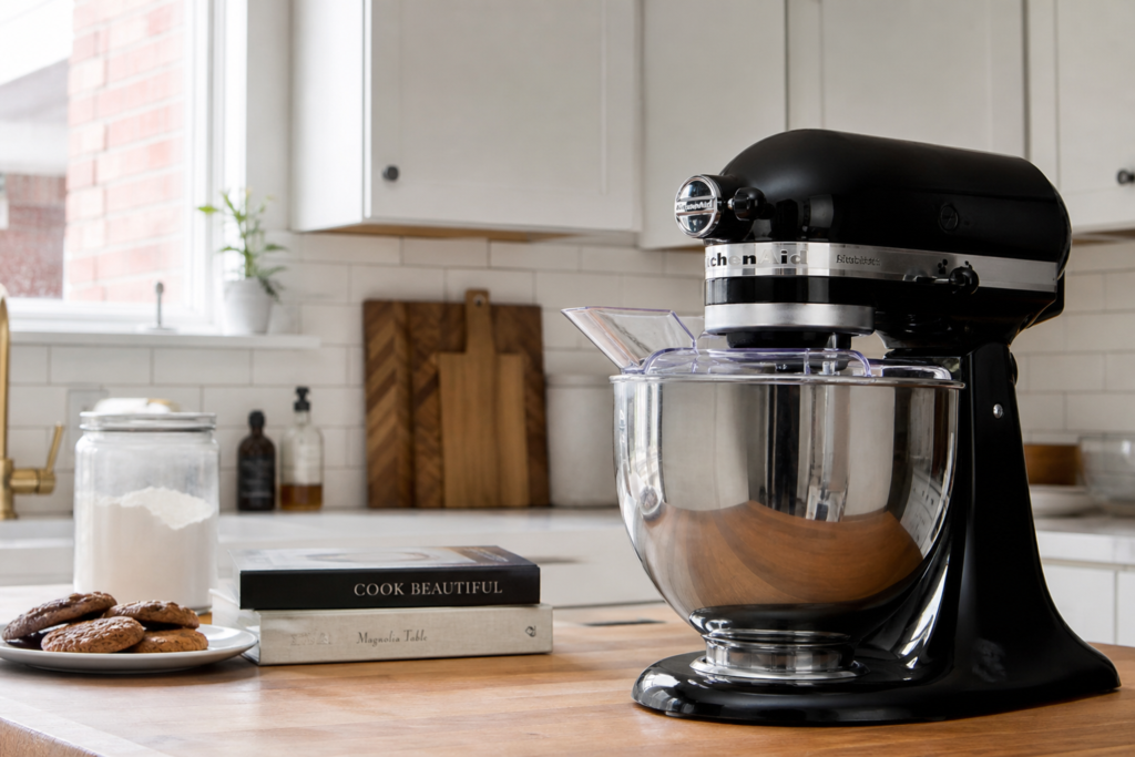 Black KitchenAid stand mixer with glass bowl and chocolate batter on a wooden kitchen counter next to cookbooks and cookies