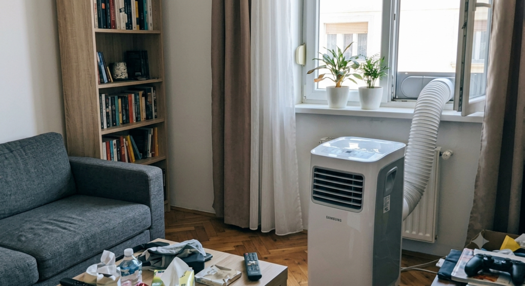 Portable AC buying guide: single-hose unit vented through a living room window