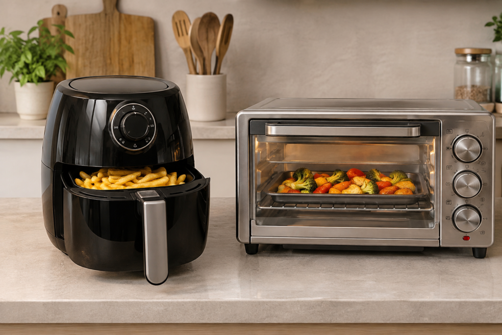 Black air fryer with crispy fries next to a stainless steel toaster oven roasting vegetables and chicken