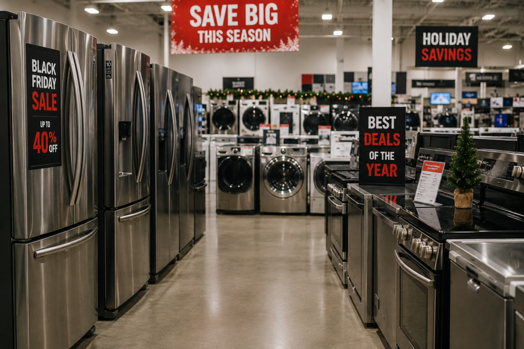 Appliance showroom aisle with refrigerators, washers, and ranges displaying Black Friday and Holiday Savings sale signs