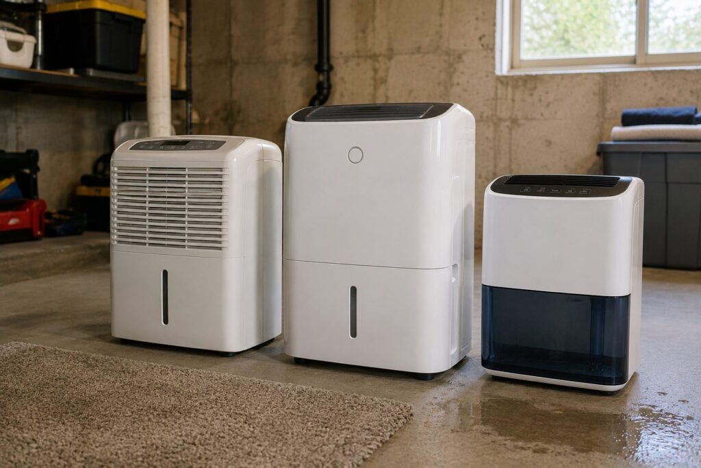 Three dehumidifier sizes side by side on a wet basement floor, illustrating that unit size doesn't always match pint capacity
