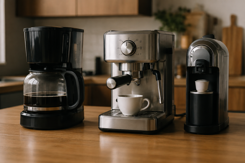 Drip coffee maker, espresso machine, and pod coffee maker side by side on a kitchen counter