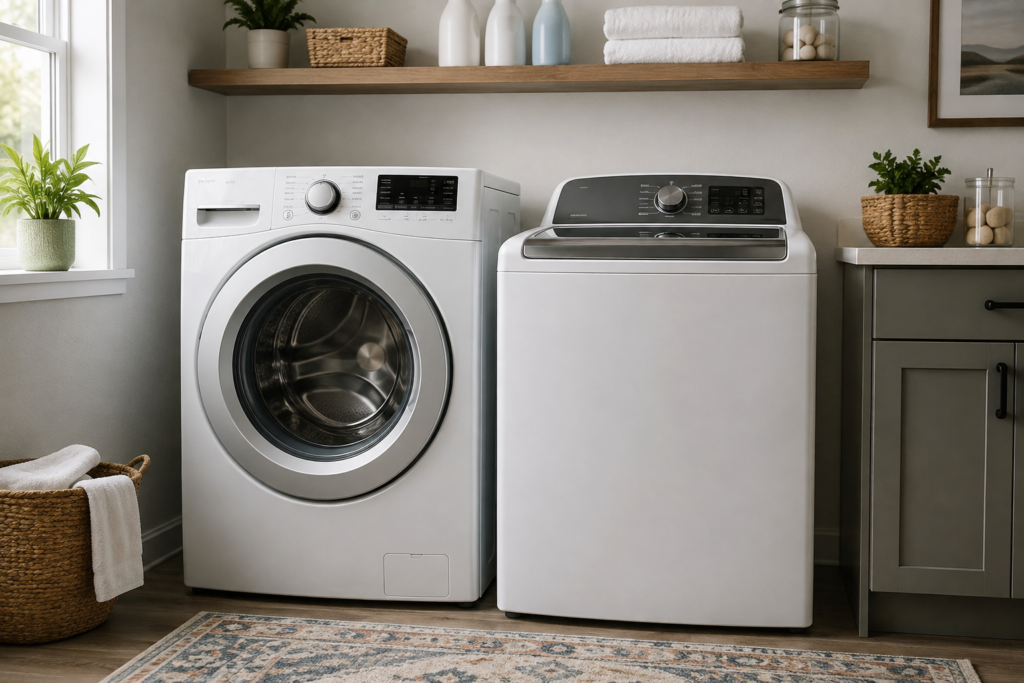 Front-load and top-load washing machines side by side in a modern laundry room
