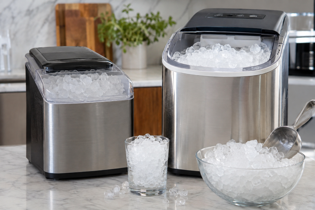 Two nugget ice makers side by side, a compact stainless steel unit and a larger stainless steel unit, both filled with chewable nugget ice