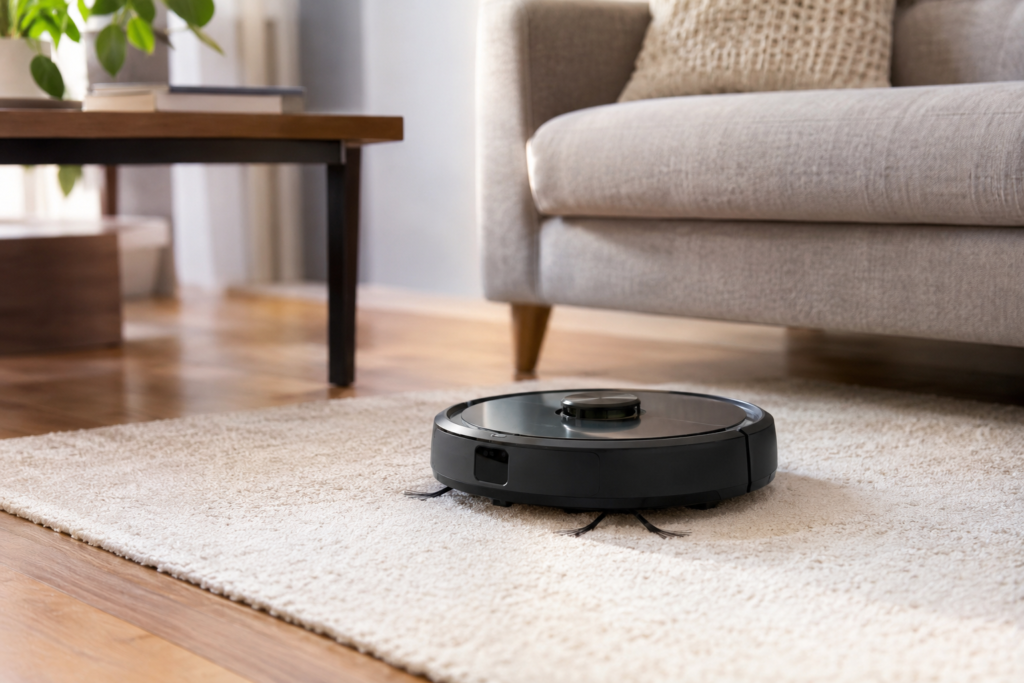 Black robot vacuum cleaning a cream area rug near a sofa and coffee table in a living room