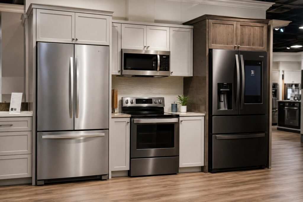 Stainless steel and black stainless French door refrigerators from competing brands side by side in an appliance showroom