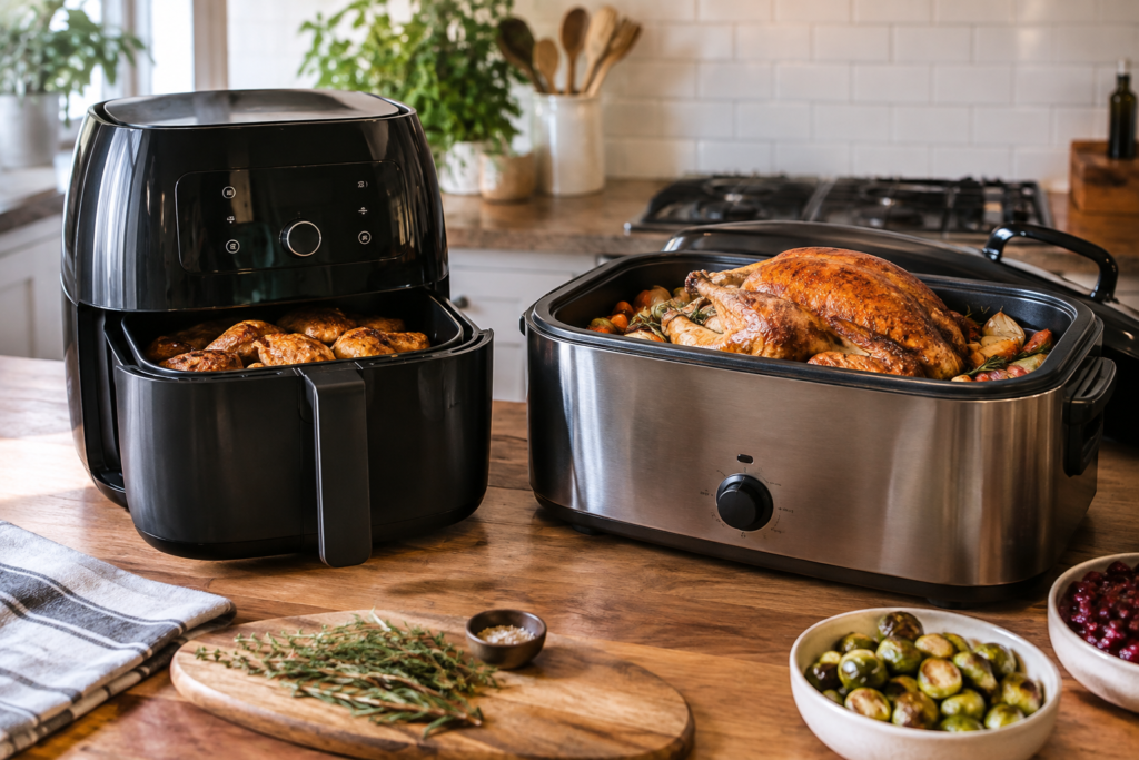 Air fryer with chicken thighs next to an electric roaster oven with a whole turkey, showing capacity difference for Thanksgiving cooking