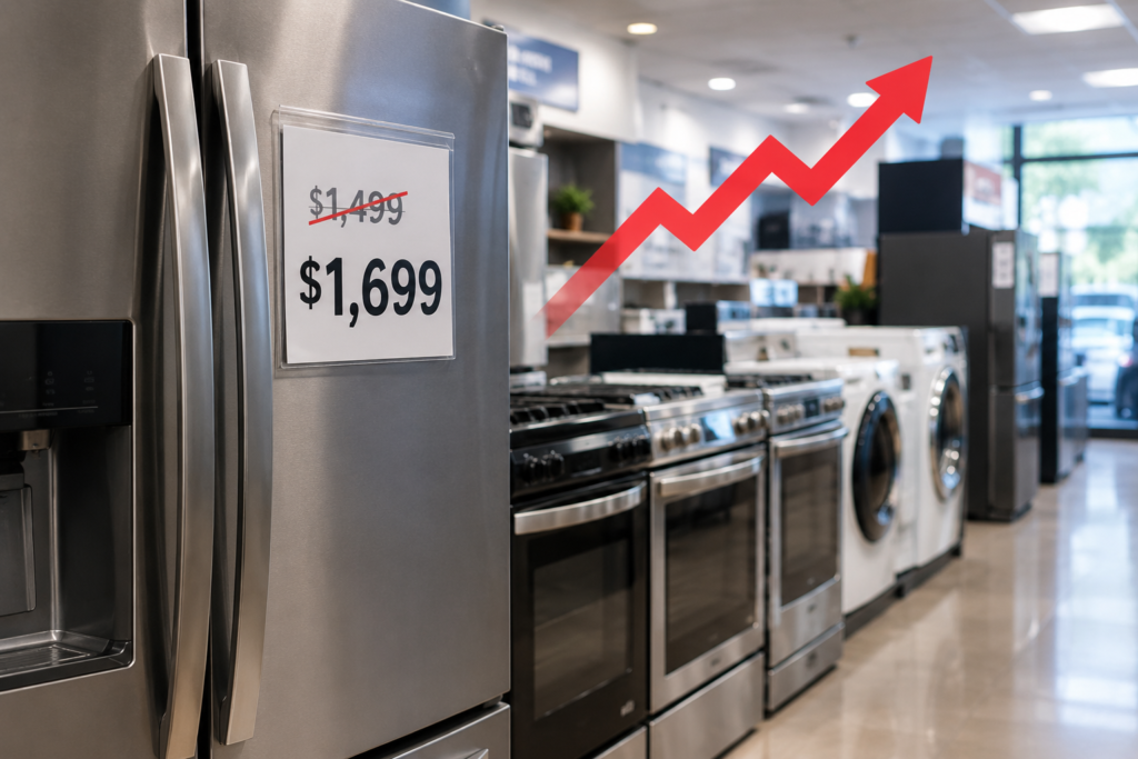 Refrigerator price tag showing an increase from $1,499 to $1,699 in a US appliance showroom, illustrating rising appliance prices in 2026