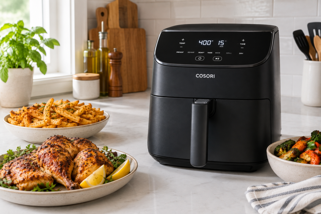 Cosori air fryer on a kitchen counter set to 400°F for 15 minutes, with fries, roasted chicken, and vegetables plated nearby