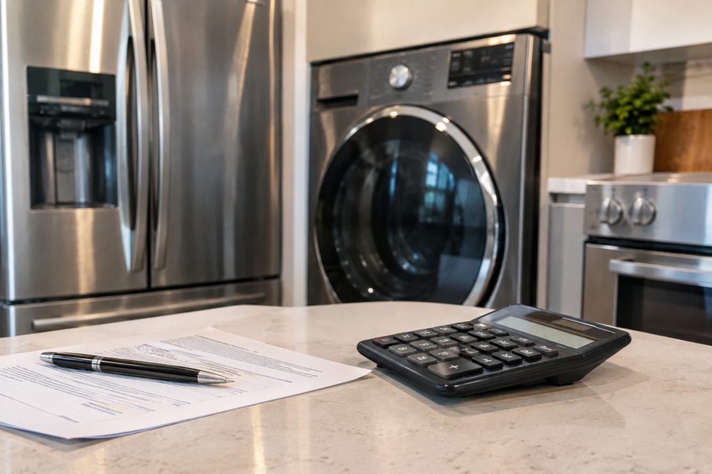 Warranty contract, pen and calculator on a kitchen counter in front of a stainless steel fridge, washer and oven