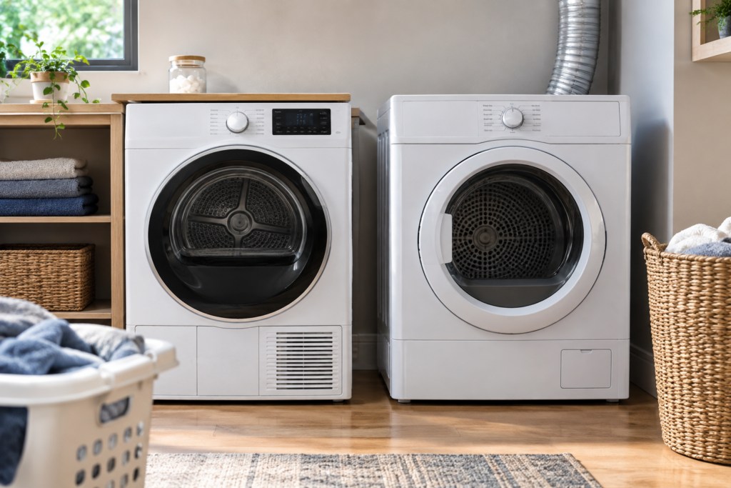 Heat pump dryer beside a vented dryer with an exhaust duct in a laundry room with baskets of towels
