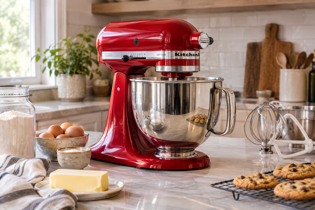 Red KitchenAid Artisan stand mixer with stainless steel bowl on kitchen counter surrounded by baking ingredients and fresh cookies
