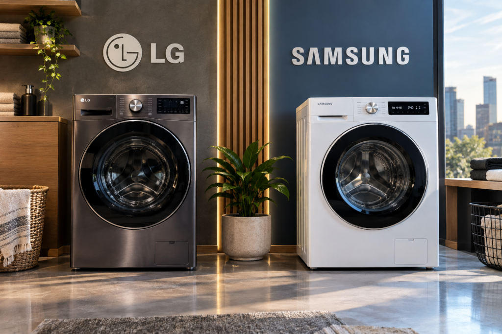 LG and Samsung front-load washing machines side by side beneath each brand's logo in a modern laundry room
