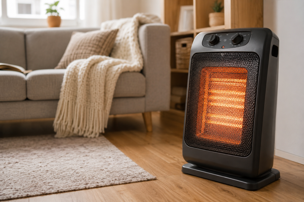 Portable space heater glowing on a living room floor near a couch and rug