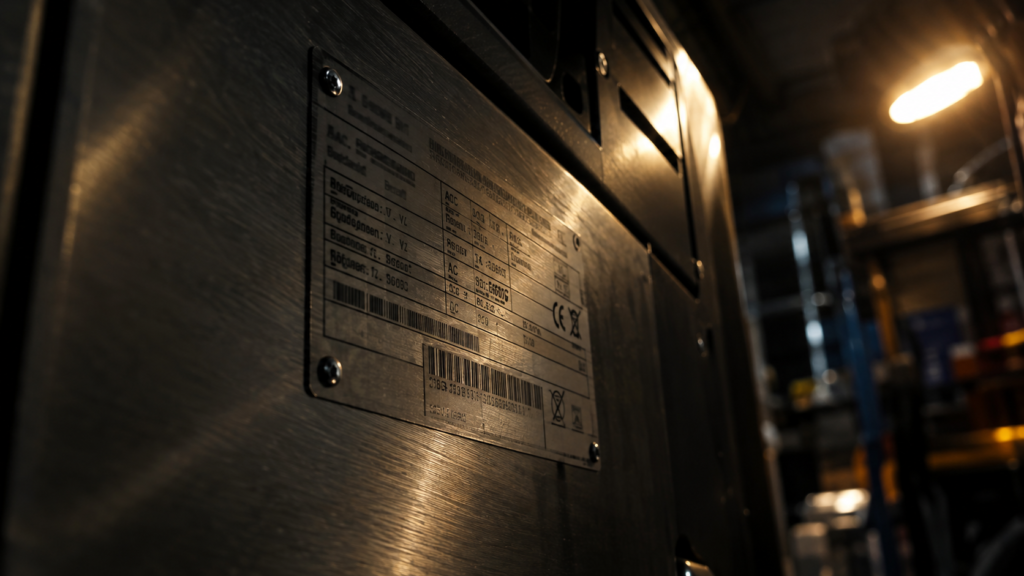 Macro shot of a metal rating plate with model number, serial number and barcode riveted to an appliance panel in a workshop