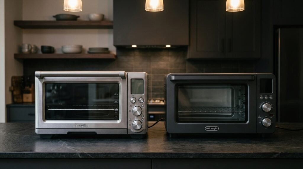 Breville and De'Longhi countertop convection ovens side by side on a dark stone counter in a modern dark kitchen