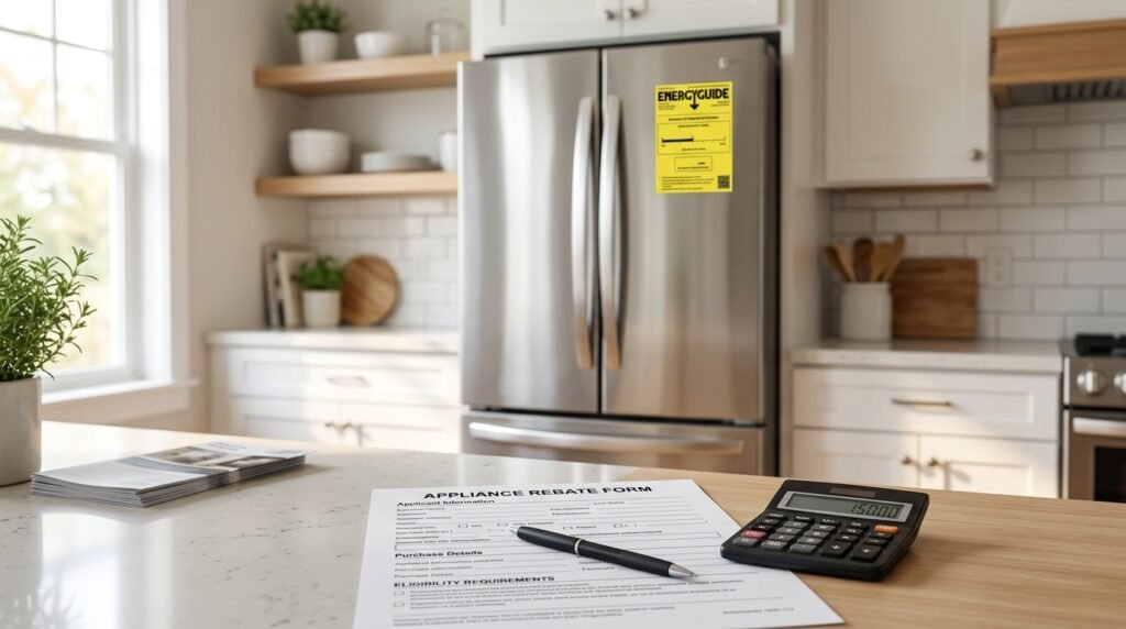 Stainless steel refrigerator with an EnergyGuide label on the door, next to an appliance rebate form, pen and calculator on a kitchen counter
