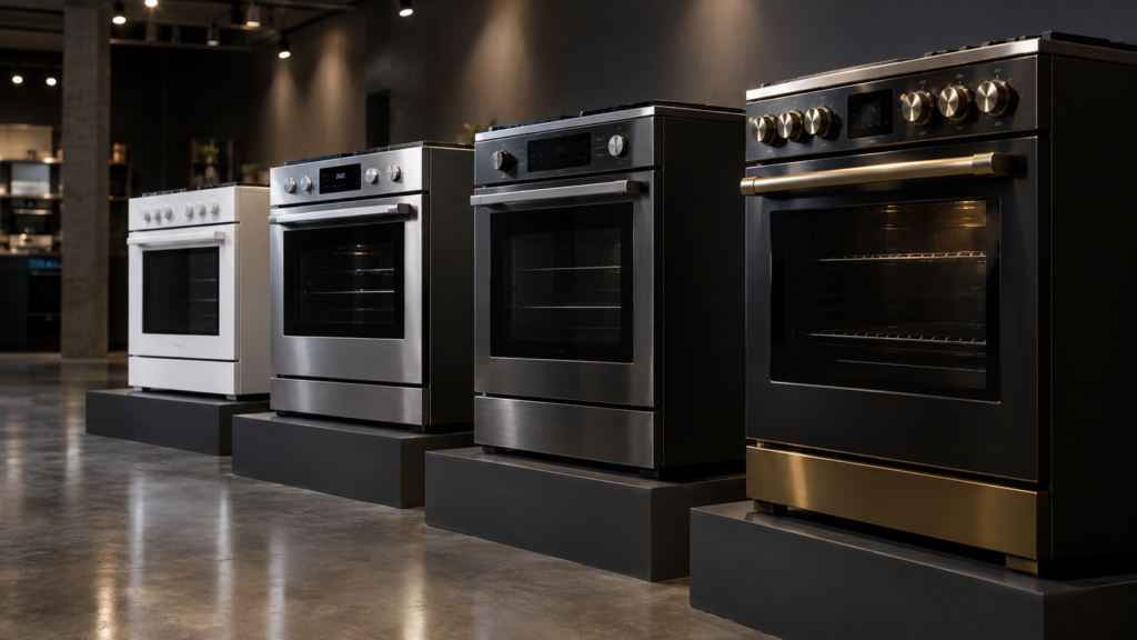 Four ranges on risers of increasing height, from basic white to brushed steel, dark steel and a brass-trimmed premium finish