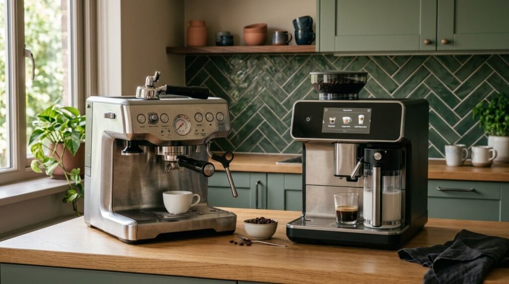 Semi-automatic espresso machine with portafilter beside a super-automatic bean-to-cup machine with touchscreen, on a kitchen counter